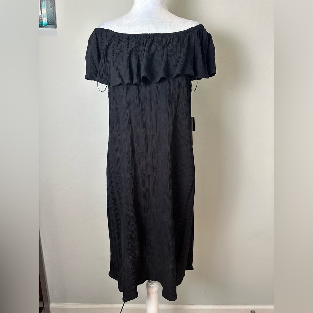 52Seven Off the Shoulder Ruffled Solid Gauze Dress Black Sz Large